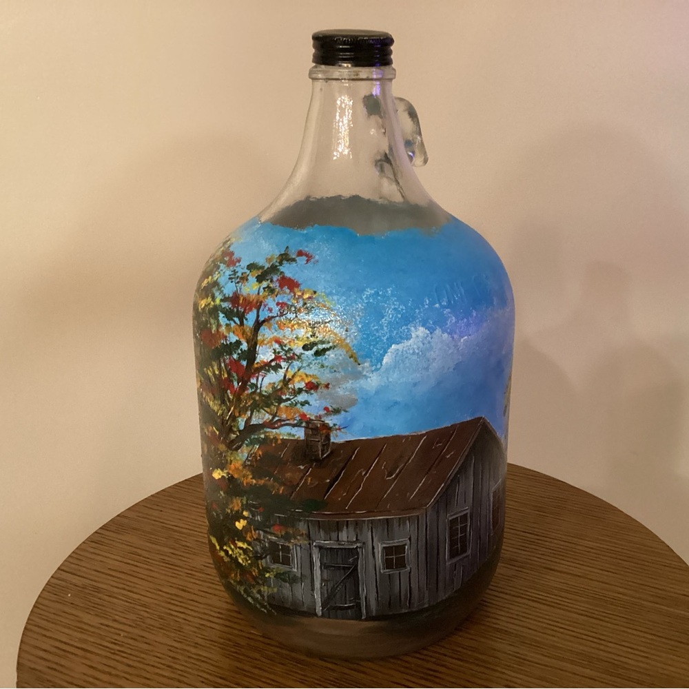 Hand Painted Glass Jug Fall Autumn Cabin